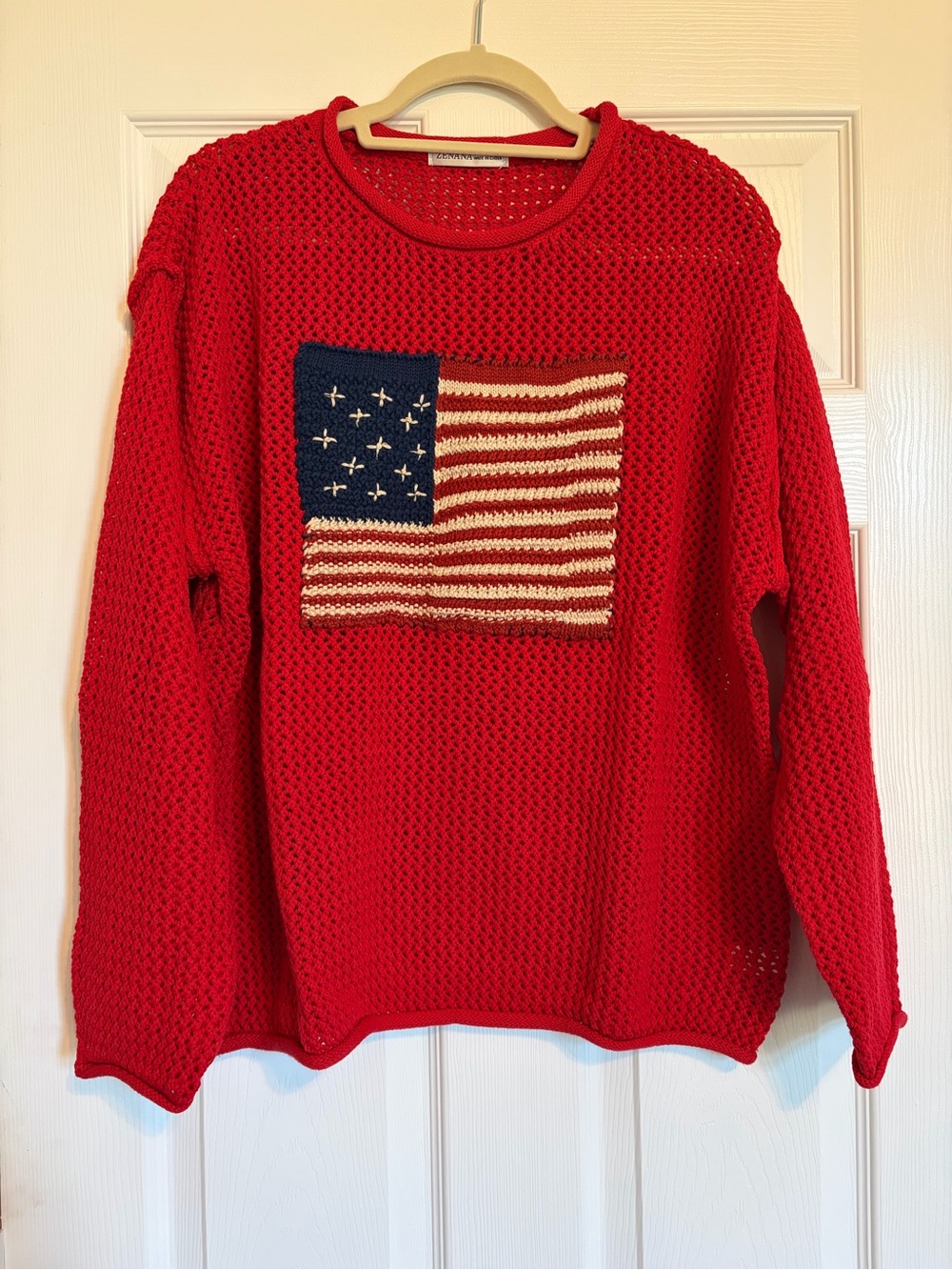 Zenana Red Open-Knit Sweater with American Flag Motif
